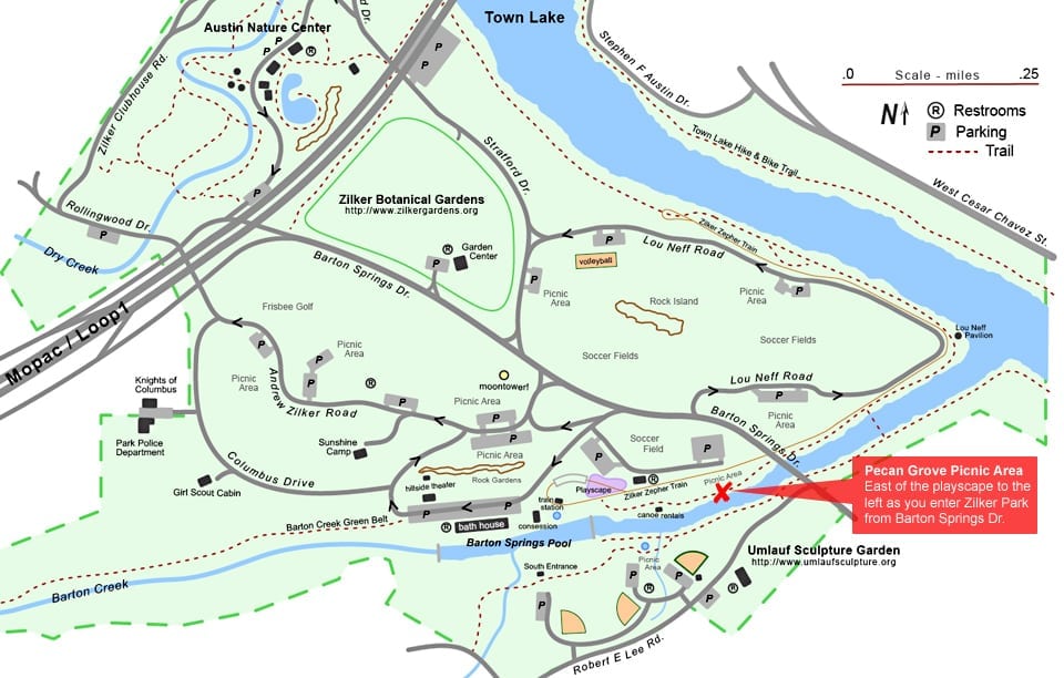 Map of Zilker Park in Austin, TX